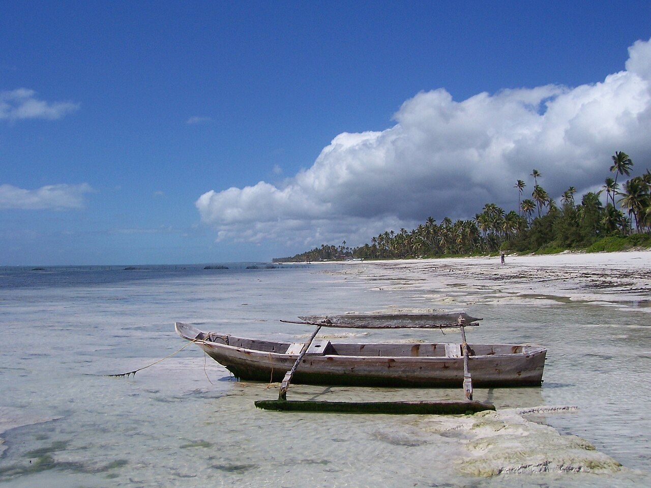 Dhow and long shoreline near Bwejuu Beach at low tide