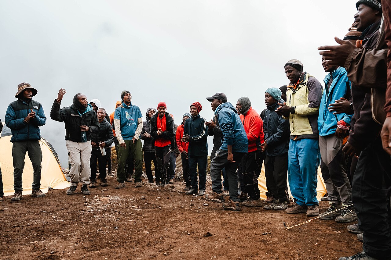 Kilimanjaro mountain crew gathered at a high camp