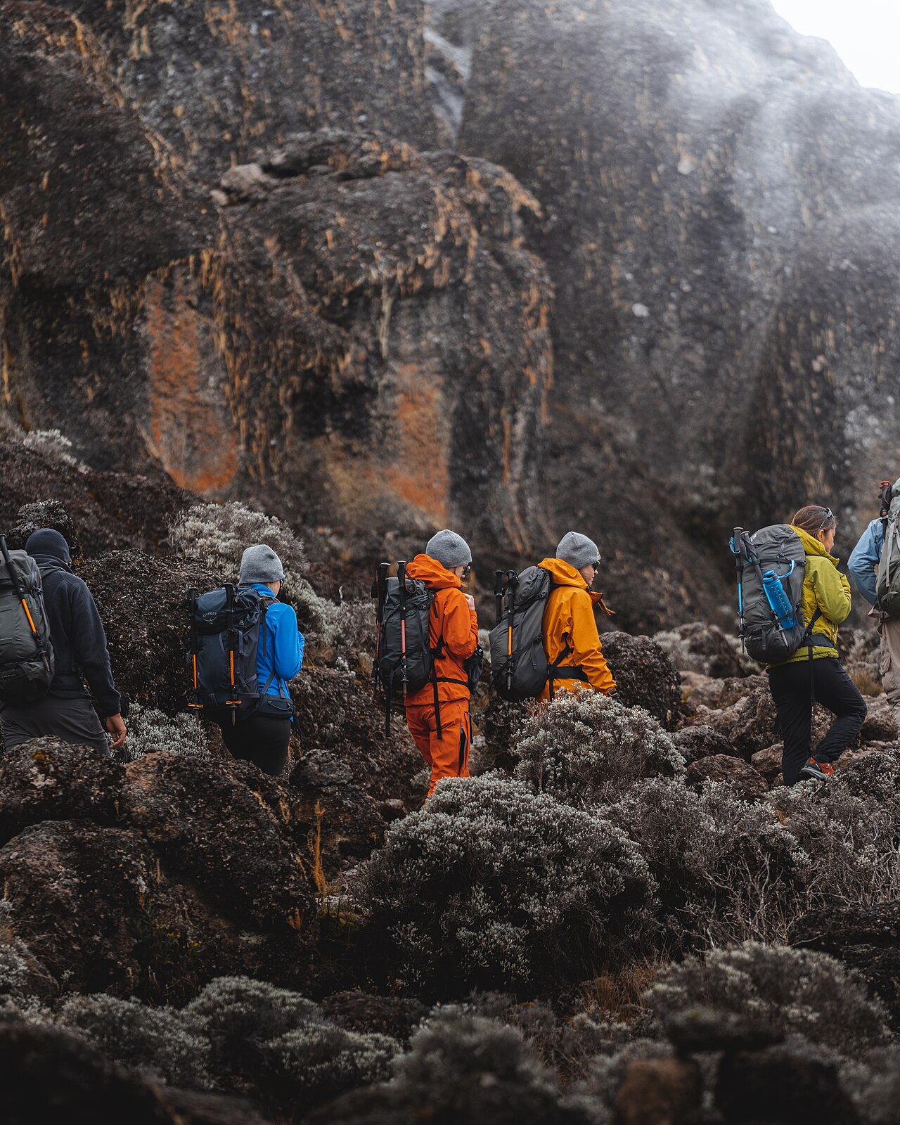 Hikers crossing the rocky Barranco Valley on Kilimanjaro