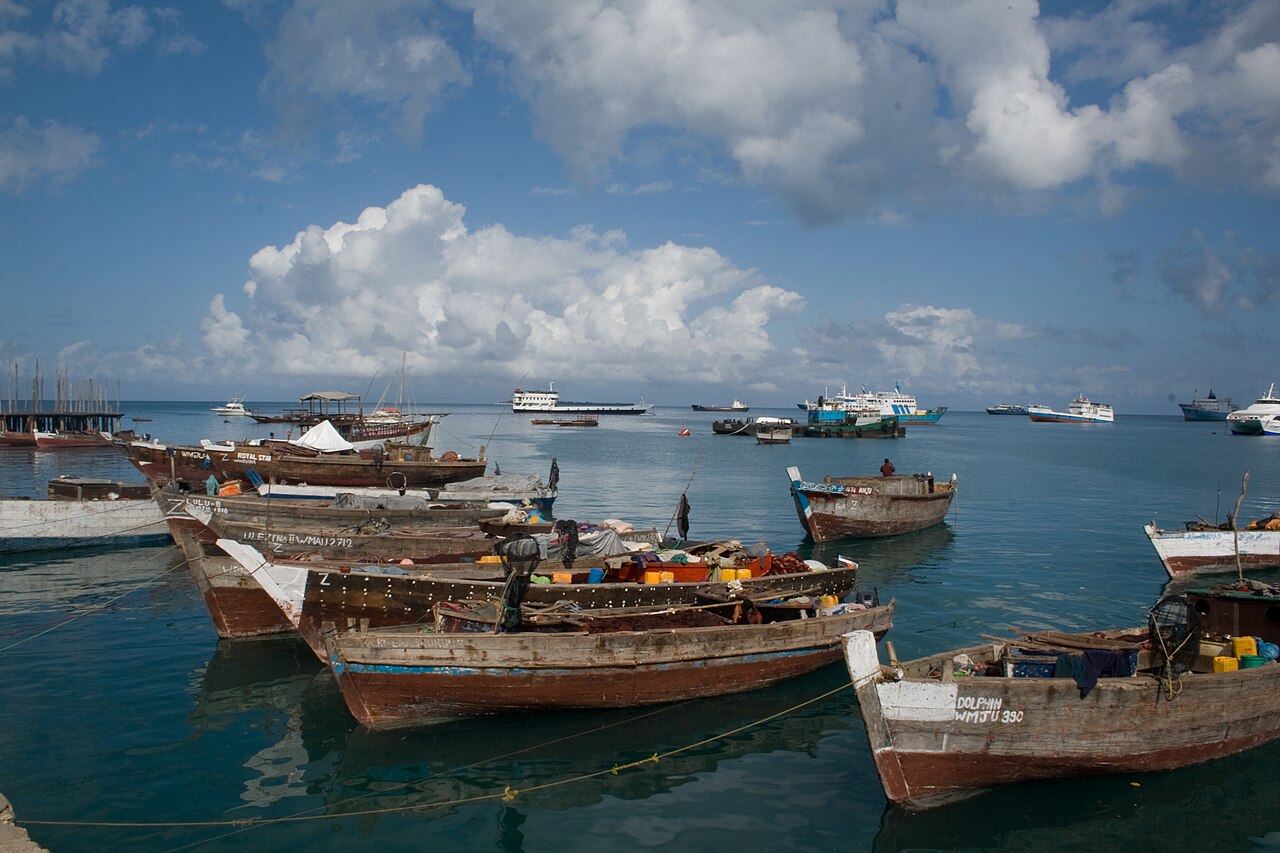 Traditional boats off the Stone Town waterfront in Zanzibar